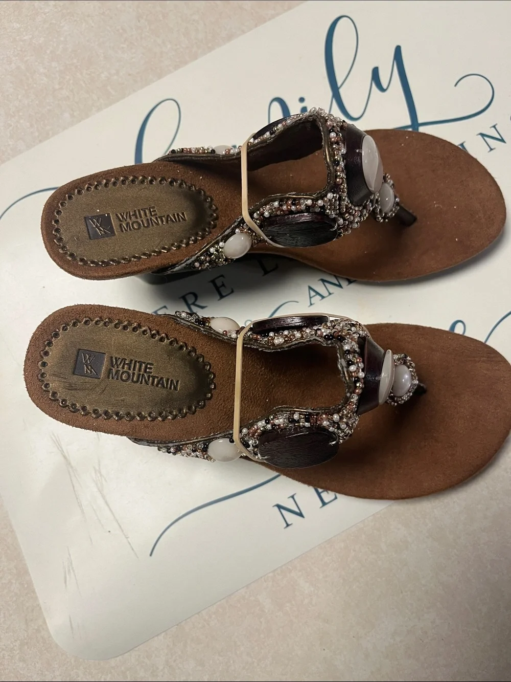 White Mountain Brown Beaded Thong Sandals with White Stone Accents